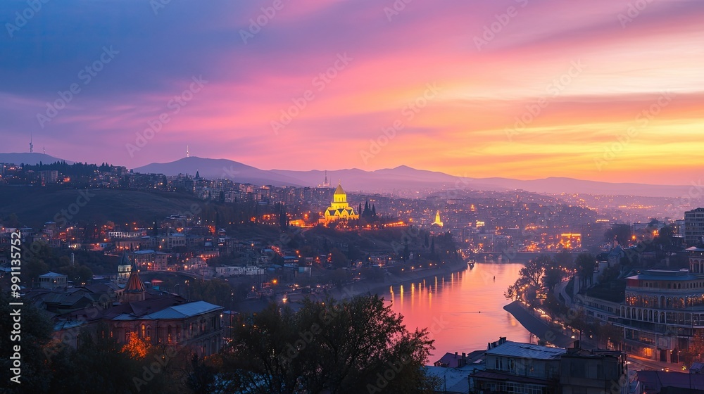 Panoramic view of Tbilisicityscape at sunset, with the Holy Trinity Cathedral glowing in the distance.