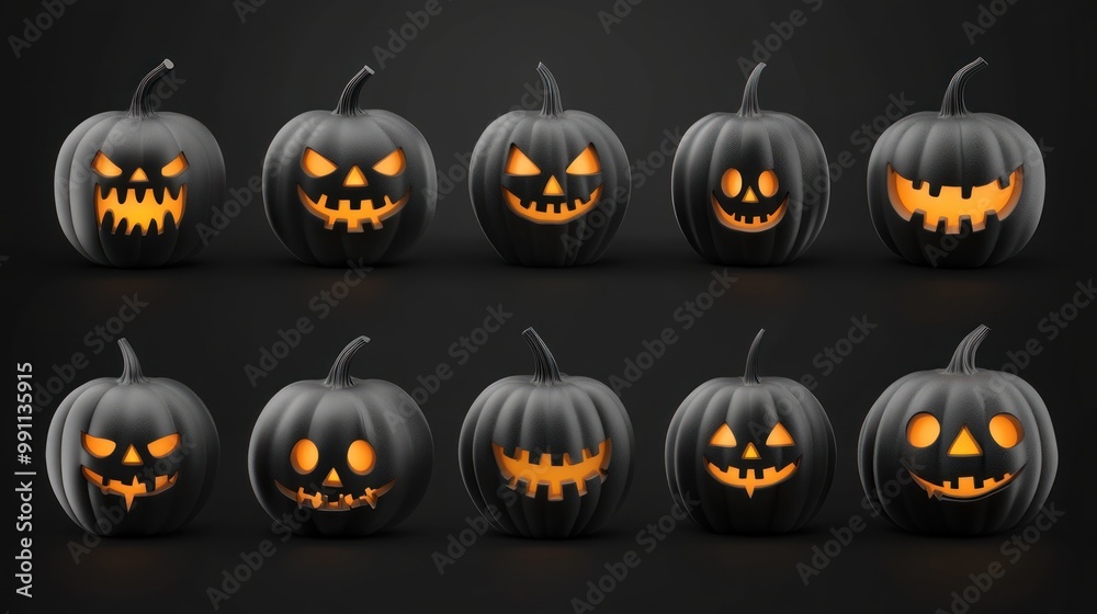 Ten black jack-o'-lantern pumpkins with glowing orange faces on a black background. Ten black jack-o'-lantern pumpkins with glowing orange faces on a black background.