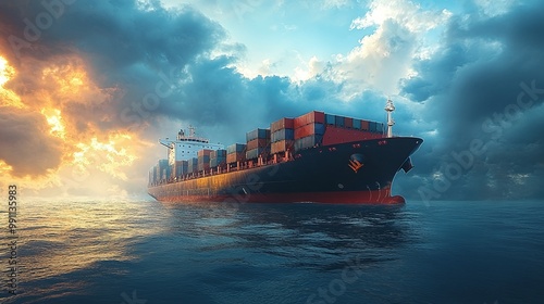 ocean scene featuring a large cargo ship, representing the critical role of maritime transportation in global economy and trade, emphasizing the logistics of freight movement over water