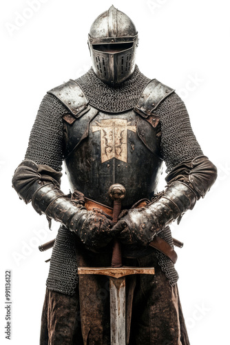 Front view of knight in full armor with sword isolated on white background. Medieval warrior