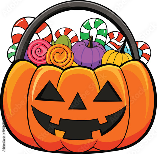 Scary pumpkin basket to collect candy on Halloween day, Concept for Halloween holiday