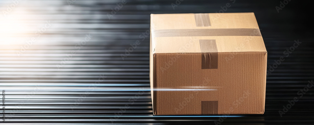 Brown cardboard box on a sleek surface, motion blur indicating delivery speed, modern logistics concept. Brown cardboard box on a sleek surface, motion blur indicating delivery speed, modern logistics concept.