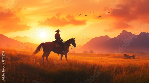 Cowboy riding a horse through a grassy field, mountains in the background, under an orange sunset.