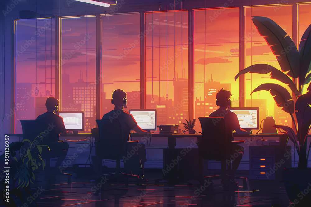 A Hitech office with programmers sitting near a table with laptops. A Hitech office with programmers sitting near a table with laptops.