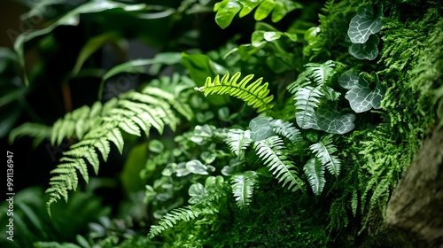 Lush green ferns and foliage on a natural background.