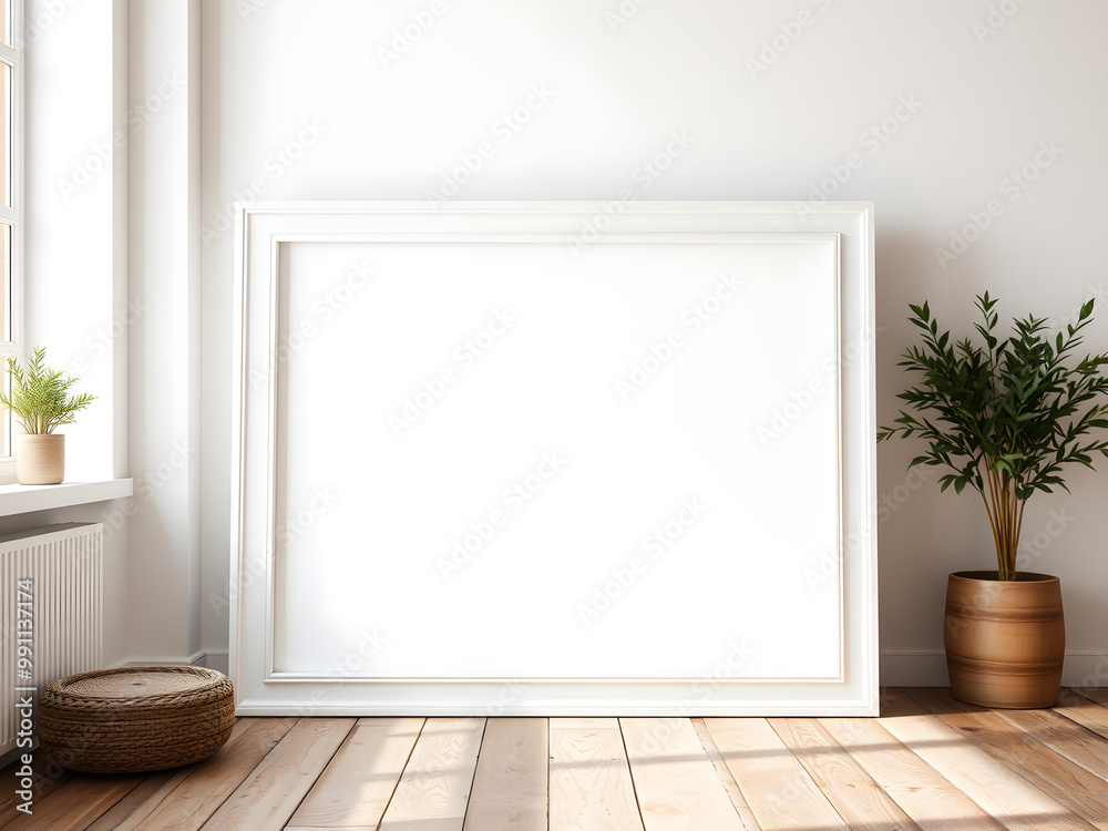 Fototapeta premium Wooden picture frame on rustic wooden floor in airy room