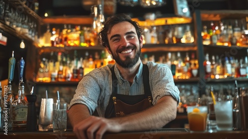 A smiling bartender leans on the counter of a bar with various bottles of alcohol and bar tools behind him.