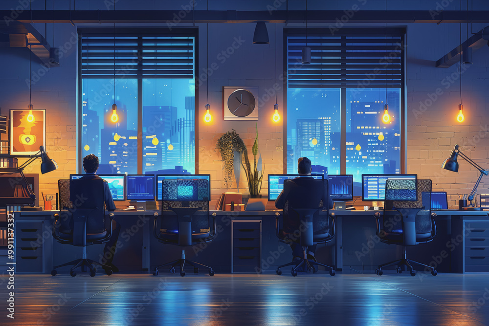 Fototapeta premium A Hitech office with programmers sitting near a table with laptops.