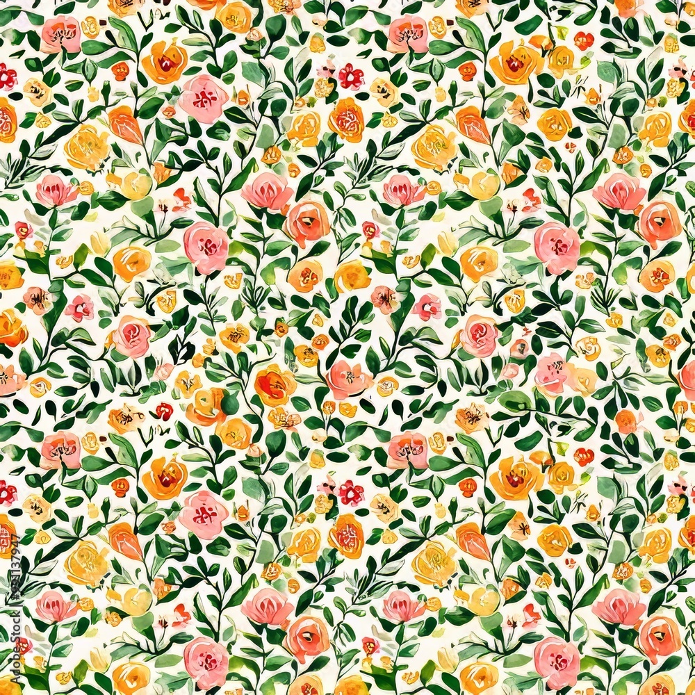 Hand drawn floral illustration isolated on white background. Watercolor seamless pattern with abstract bright flowers, leaves, branches. Use on packaging, wrapping, or print.