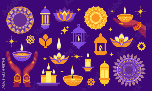 Diwali set elements. A collection of colorful symbols and images, including a hand holding a lantern, a flower, and a star