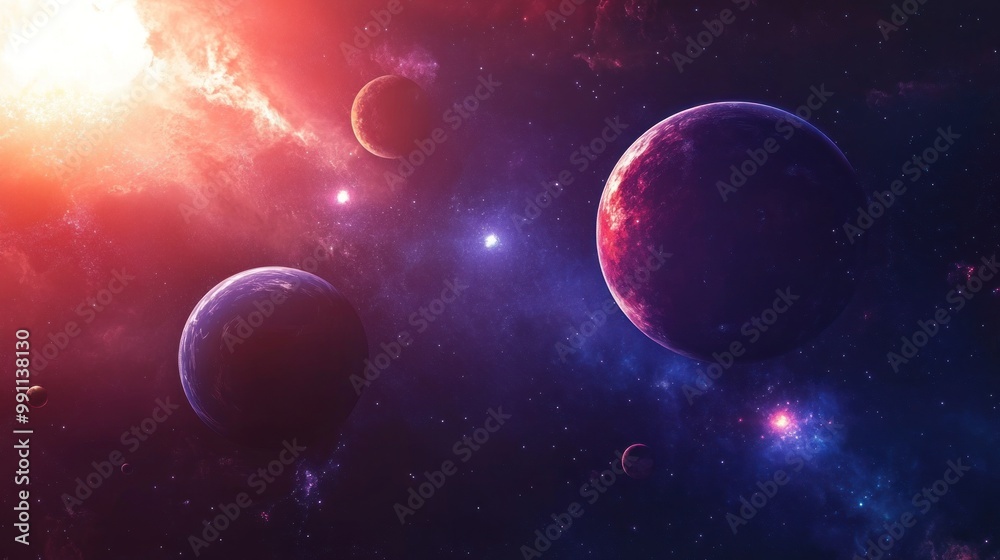 A beautiful cosmic landscape with a bright star, nebulae, and multiple planets. A beautiful cosmic landscape with a bright star, nebulae, and multiple planets.