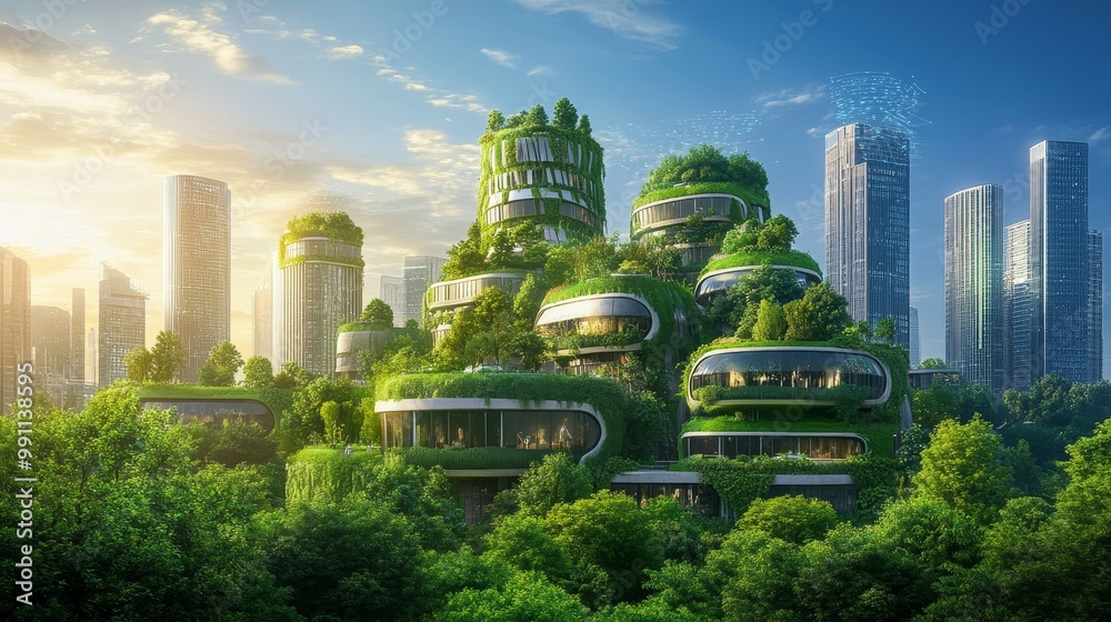 Fototapeta premium Eco-Friendly Future: Sustainable Living in a Smart City with AI Systems and Green Spaces