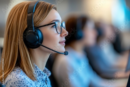 Young professional woman wearing headset, focused on work in a busy office environment.