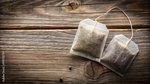 Two loose leaf tea bags placed on a rustic wooden surface , tea bags, loose leaf, tea, rustic, wooden, surface, beverage