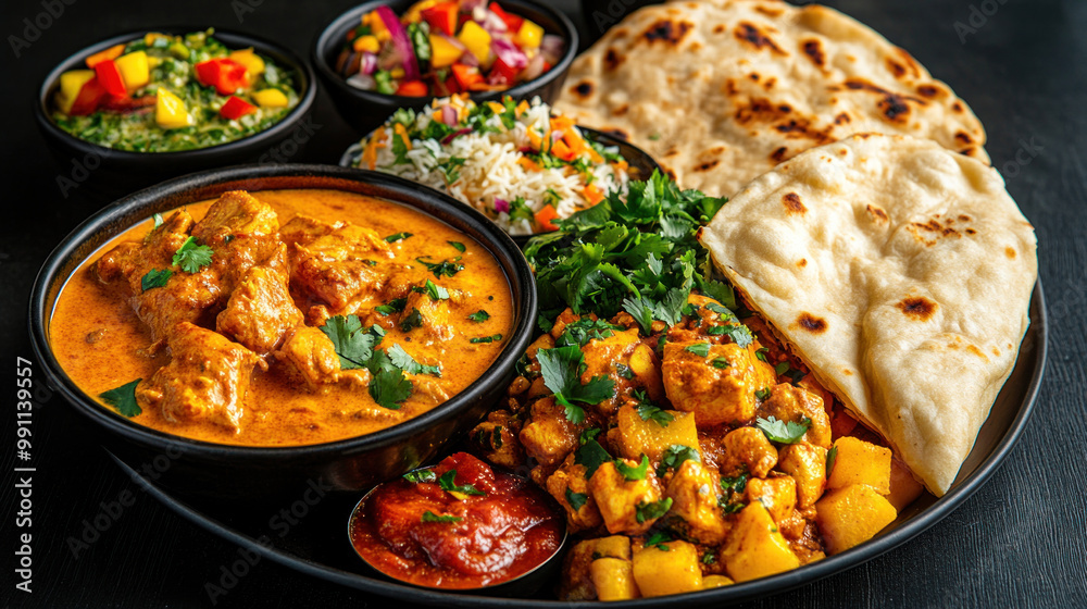 A plate of butter chicken curry with naan bread and colorful side dishes arranged beautifully A plate of butter chicken curry with naan bread and colorful side dishes arranged beautifully