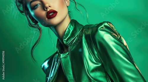 Close-up of a woman's face with red lipstick and green shiny jacket. photo