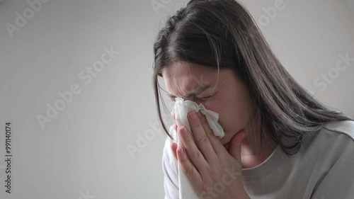 Young brunette woman closes her eyes and blows her nose, dealing with nasal congestion from seasonal allergies.