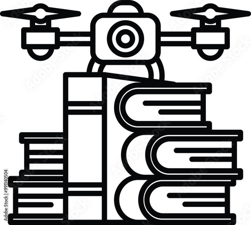 A drone is hovering over a stack of books