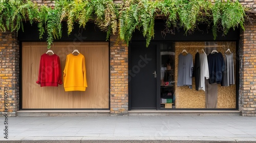 Luxury clothing store beside a small, wornout thrift shop, fashion inequality, consumerism photo