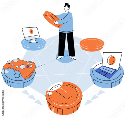 Gamefi vector illustration. The GameFi concept combines gaming mechanics with financial incentives NFTs Non Fungible Tokens add value and uniqueness to digital assets in gaming industry Gaming