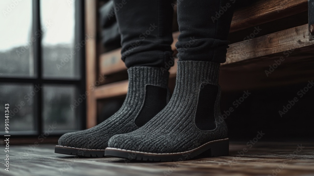 Closeup of a pair of gray knitted ankle boots on a wooden surface.