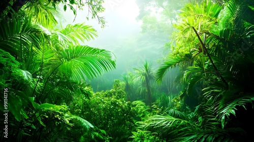 Lush green rainforest with dense vegetation and sunlight filtering through the canopy.