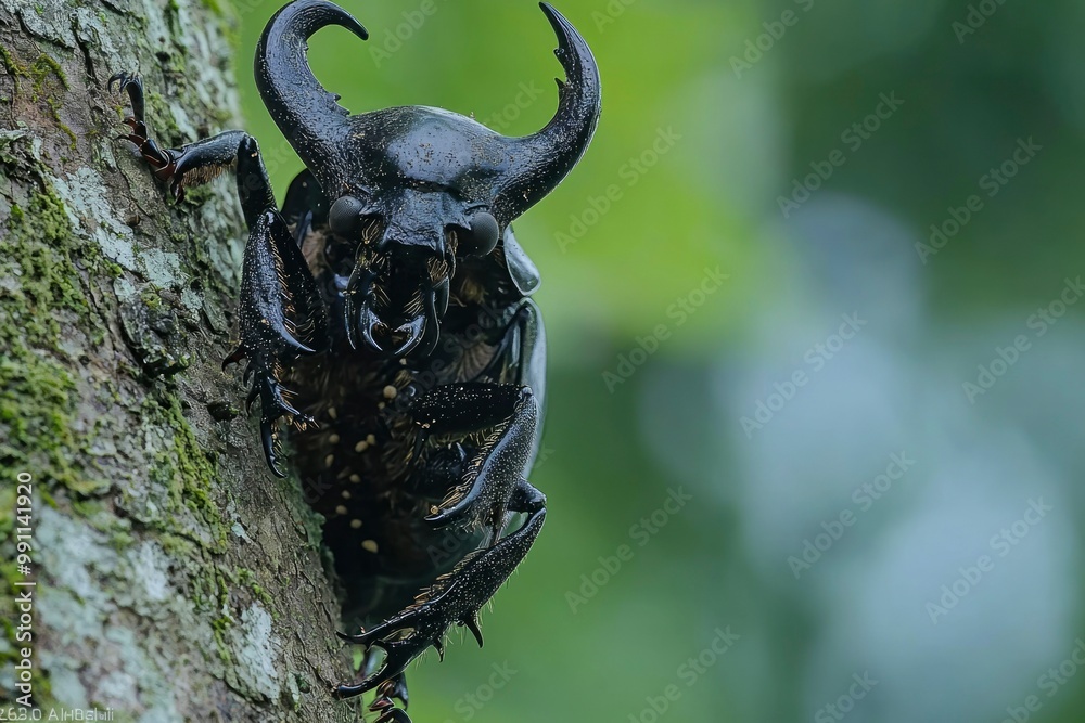 Black Beetle with Large Horns Climbing a Tree Trunk Black Beetle with Large Horns Climbing a Tree Trunk