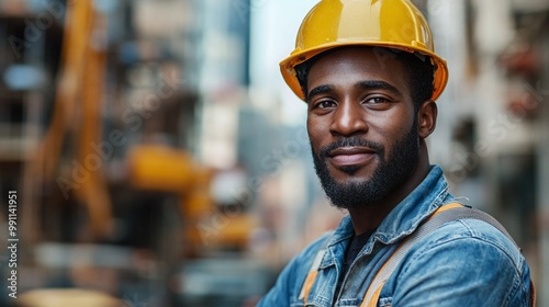 urban background featuring a construction worker portrait, emphasizing the importance of safety and teamwork in the industry, showcasing professional skills and building projects