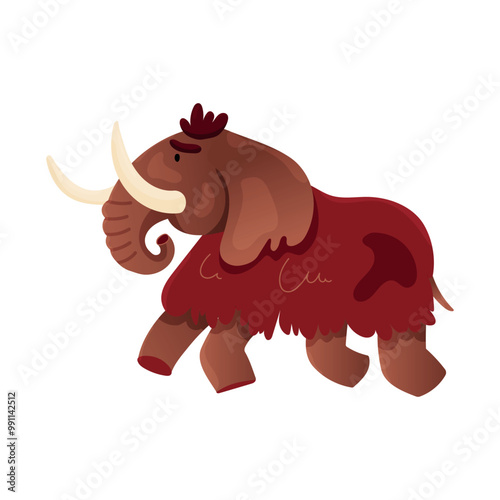 Mammal isolated on white background. Ancient animal with tusks running, primitive world. Vector illustration in flat style