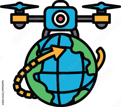 A blue and green drawing of a globe with a drone on top of it