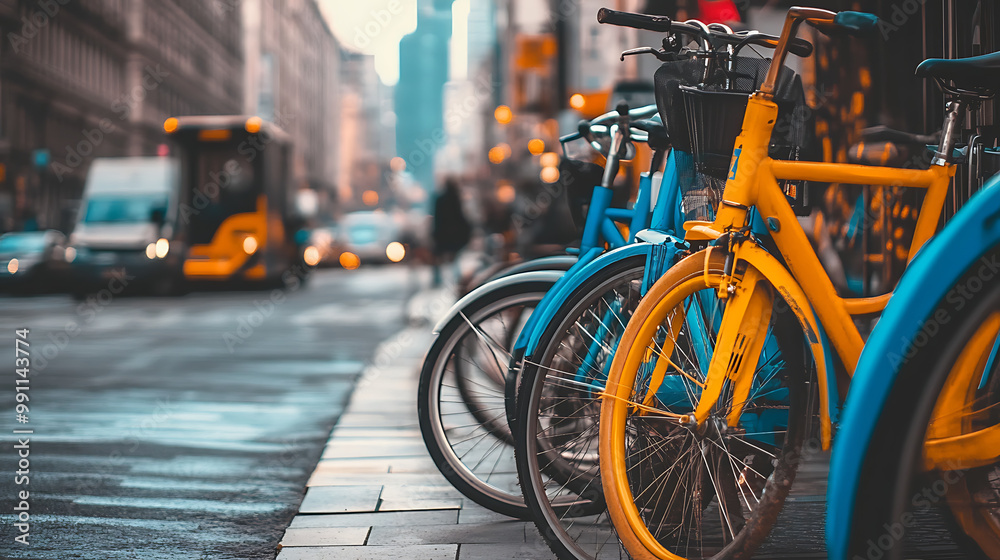 background with a bike-sharing program in a bustling city, featuring brightly coloured rental bikes, urban architecture, and busy streets background with a bike-sharing program in a bustling city, featuring brightly coloured rental bikes, urban architecture, and busy streets