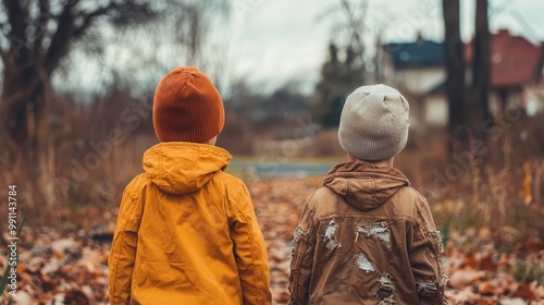 Two children, one in designer clothes and another in torn garments, playing in the same park, wealth inequality, youth poverty photo