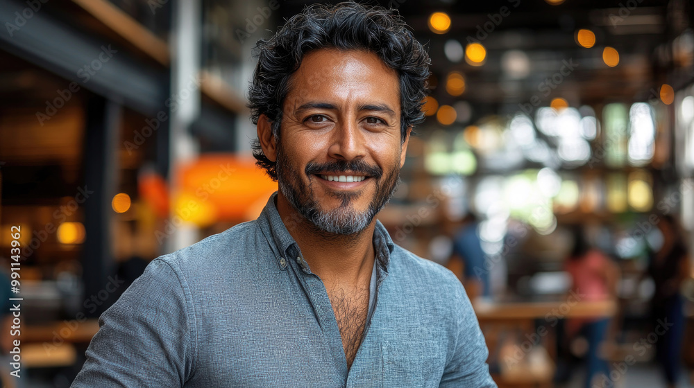 A friendly man with a beard stands confidently in a bustling restaurant, surrounded by warm lights and patrons enjoying their dinner A friendly man with a beard stands confidently in a bustling restaurant, surrounded by warm lights and patrons enjoying their dinner