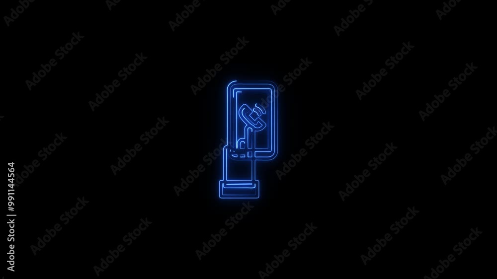 Glowing neon mobile phone call icon, mail box, online chat icon on black background. Neon online communication technology icon concept.