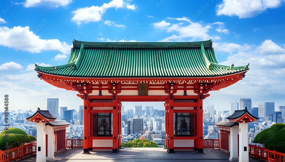 Traditional red and green gate with city skyline in the background. Traditional red and green gate with city skyline in the background.