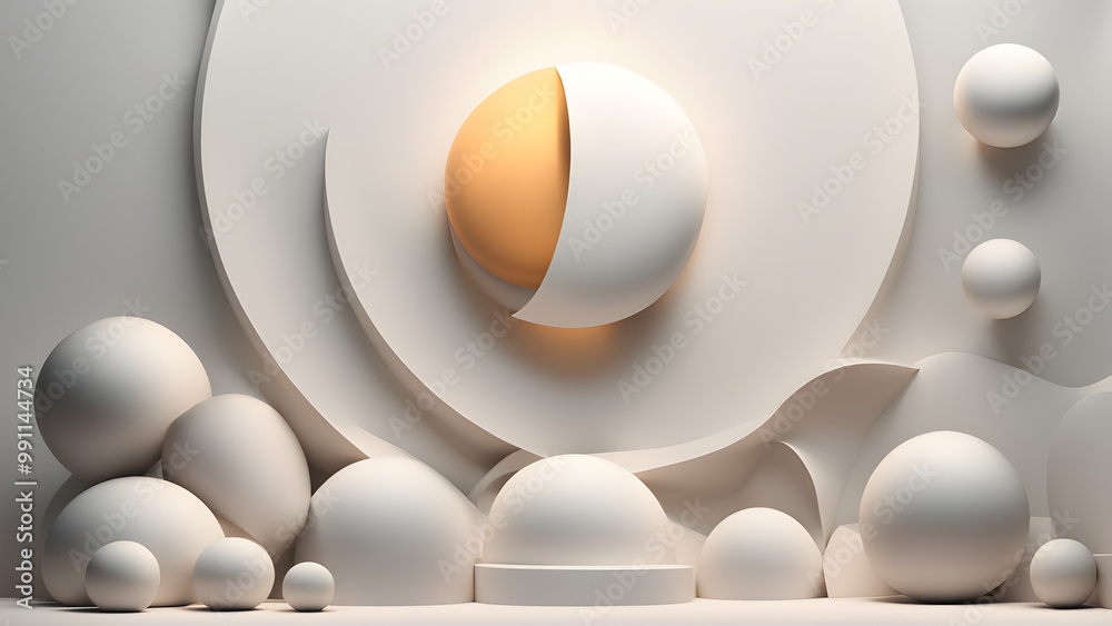 Design a modern and abstract 3D rendering background, featuring separate elements for the sun, moon.
