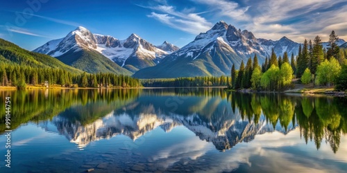 Serene mountain lake with snowy peaks reflecting, showcasing majestic beauty and tranquility in a pristine environment