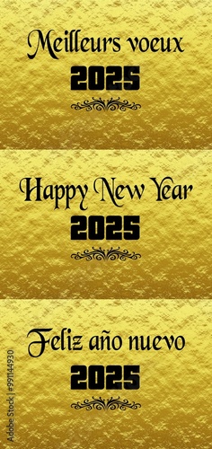 3 Golden wish cards new year 2025 written in English, French, Spanish in black font with an black arabesque ornament