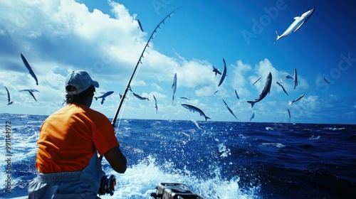 A fisherman on a boat with many fish jumping out of the water around him.