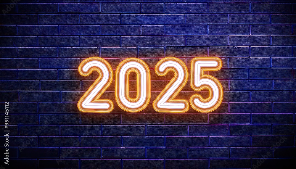 Obraz premium neon 2025 new year on brick wall 