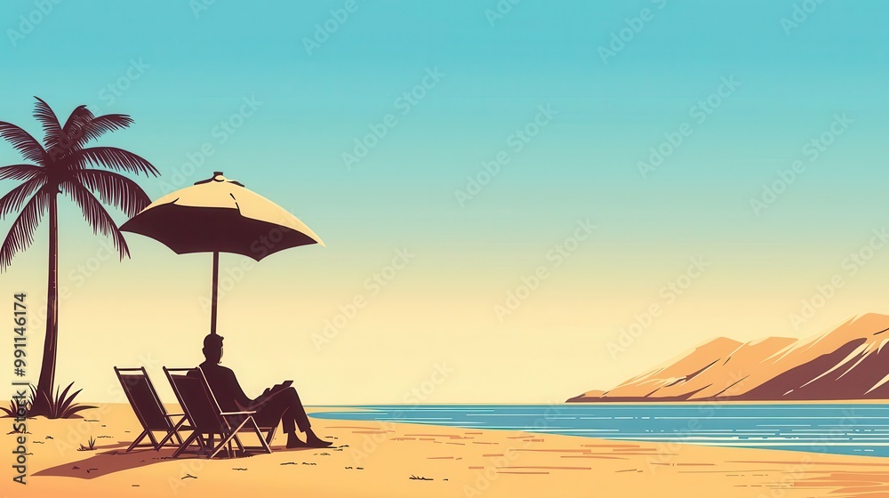 Naklejka premium Wealthy man relaxing on a beach resort while a laborer works under the hot sun, class inequality, economic disparity
