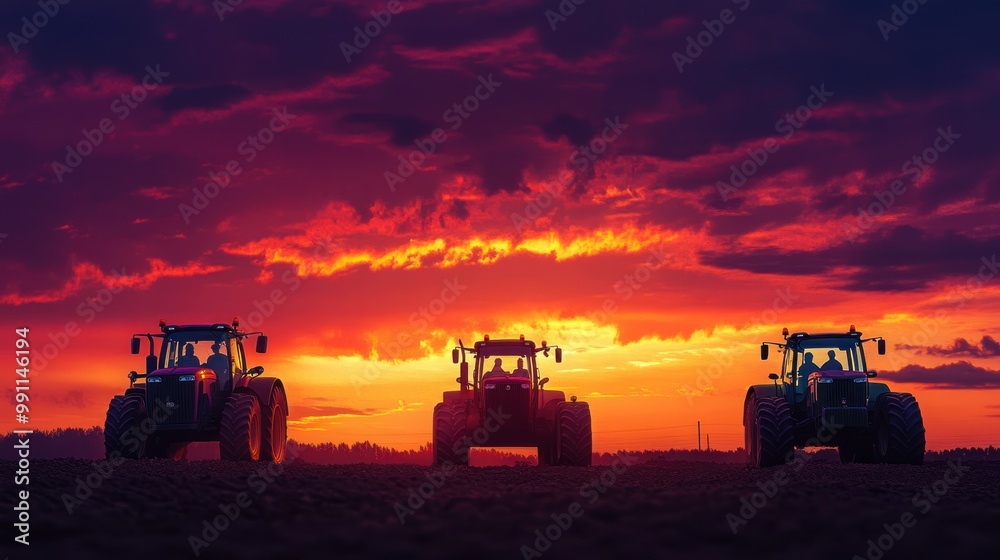 Fototapeta premium Three tractors silhouetted against a dramatic sunset.