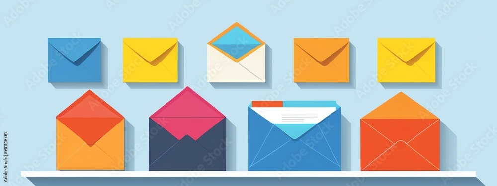 A lot of colorful bright envelopes with letter on light blue background. Mail delivery. October World Post Day. International Letter Writing Week. Pattern design for banner, backdrop. A lot of colorful bright envelopes with letter on light blue background. Mail delivery. October World Post Day. International Letter Writing Week. Pattern design for banner, backdrop.