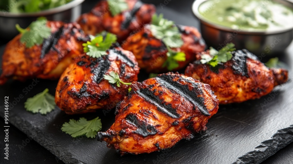 Close-up of grilled chicken pieces with parsley on a black slate board.