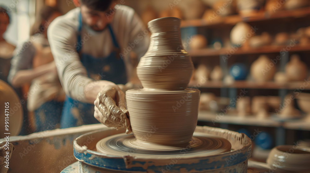 A potter skillfully shaping clay on a pottery wheel in a workshop. The focus is on the hands of the potter as they mold a vase, surrounded by various pottery pieces in the background. A potter skillfully shaping clay on a pottery wheel in a workshop. The focus is on the hands of the potter as they mold a vase, surrounded by various pottery pieces in the background.