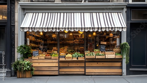 A small storefront with a striped awning, displaying fresh produce.