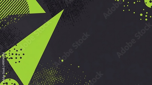 Abstract geometric design with green triangles, circles, and lines on a dark background.