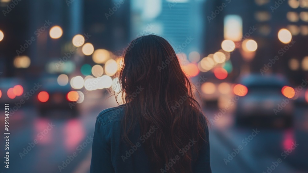 A woman with long hair faces away, standing on a wet city street as evening falls. Vibrant lights reflect on the pavement while cars navigate through the rain-soaked urban landscape. A woman with long hair faces away, standing on a wet city street as evening falls. Vibrant lights reflect on the pavement while cars navigate through the rain-soaked urban landscape.