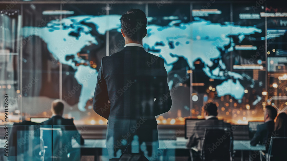 A business leader demonstrating leadership innovation techniques to a global audience, with visuals showing how these strategies impact global business. A business leader demonstrating leadership innovation techniques to a global audience, with visuals showing how these strategies impact global business.