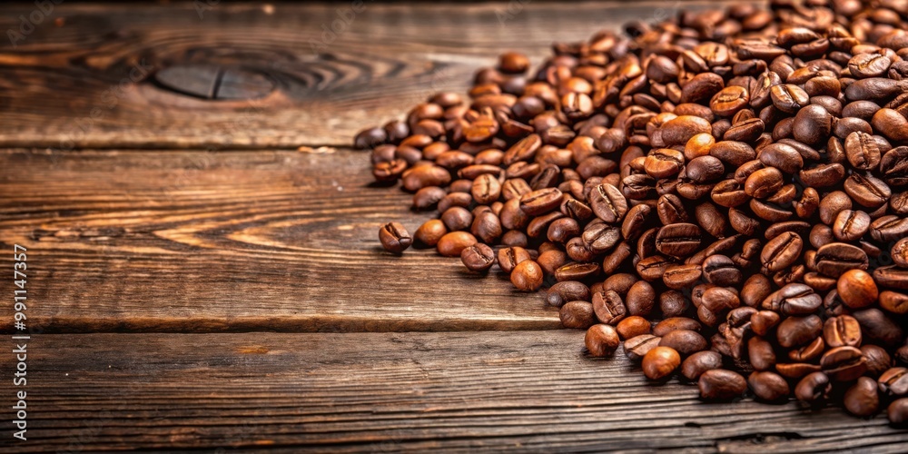 Coffee beans scattered on rustic wooden table Coffee beans scattered on rustic wooden table